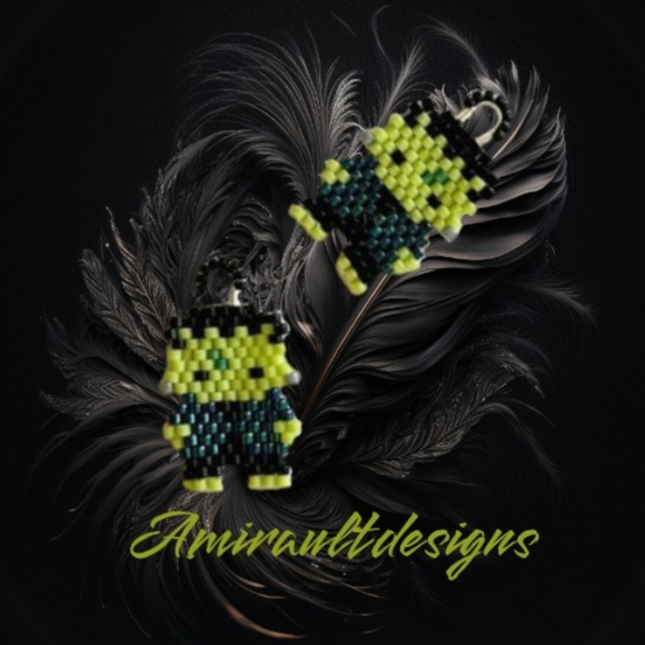 Flat beaded Baby Frankenstein earrings - Picture 1 of 2